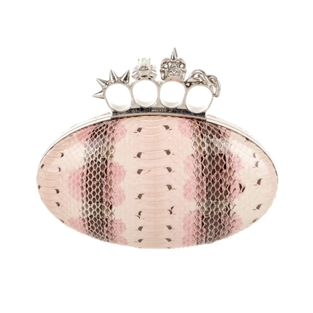 alexander mcqueen oval knuckle clutch minaudiere in pink and gray python